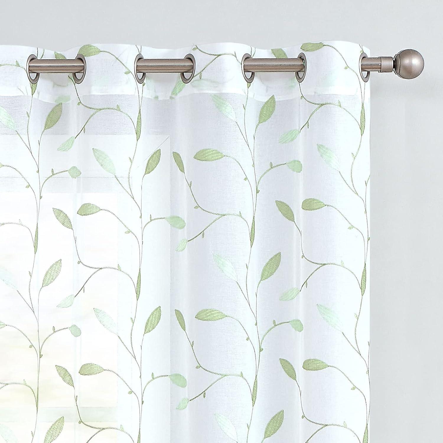 Green Leaf Embroidered Sheer Grommet Curtains 84"