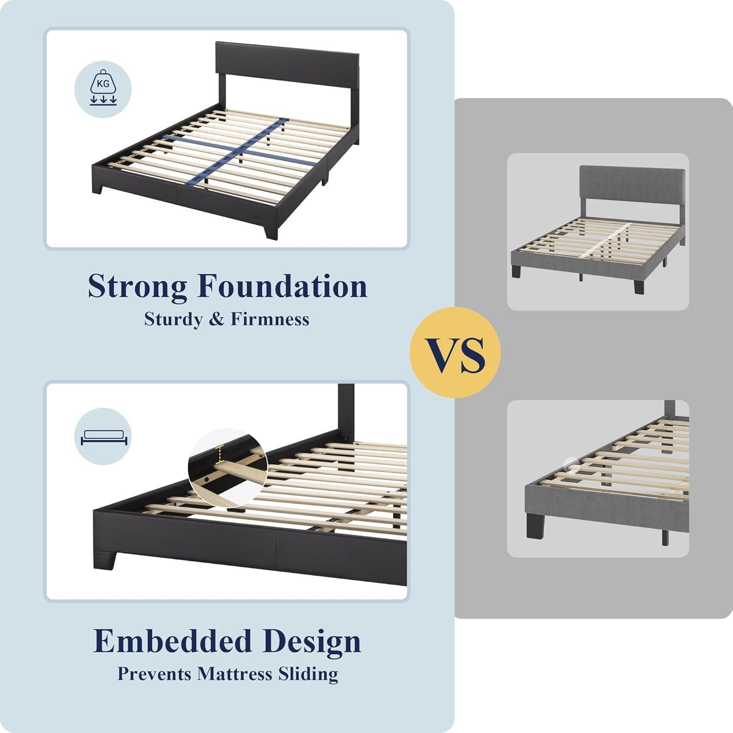 Killeryuki Full Size Bed Frame with Adjustable Headboard, Faux Leather Platform Bed with Wood Slats, Heavy Duty Mattress Foundation, No Box Spring Needed, Noise-Killeryuki, Easy Assembly, Black
