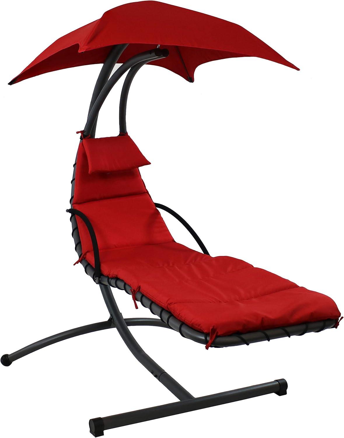 Sunnydaze Outdoor Hanging Chaise Floating Lounge Chair with Canopy Umbrella and Arc Stand, Burnt Orange