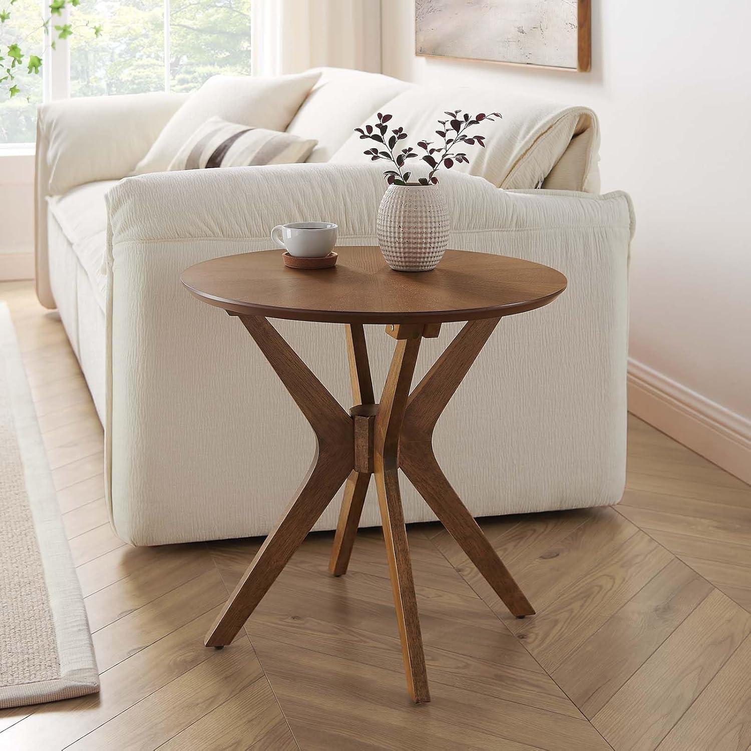 Walnut Mid-Century Modern Round Wood Side Table