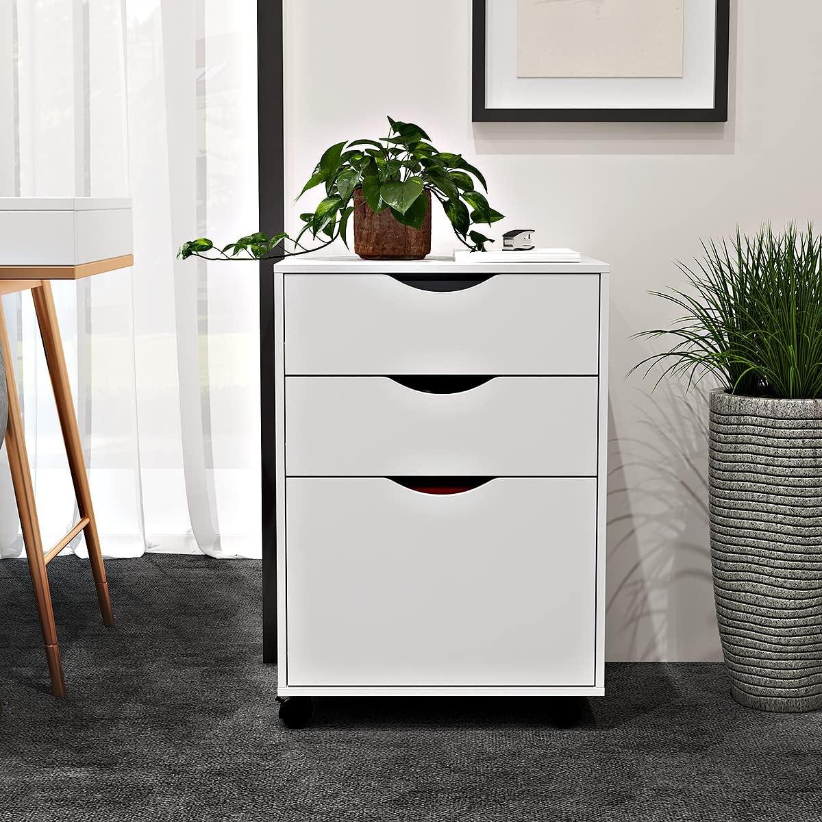 3 Drawers Storage Cabinet, Wooden Mobile Filing Cabinet for Mini Printer Stand, with Lockable Casters, for Home Office (3-Drawers, White)
