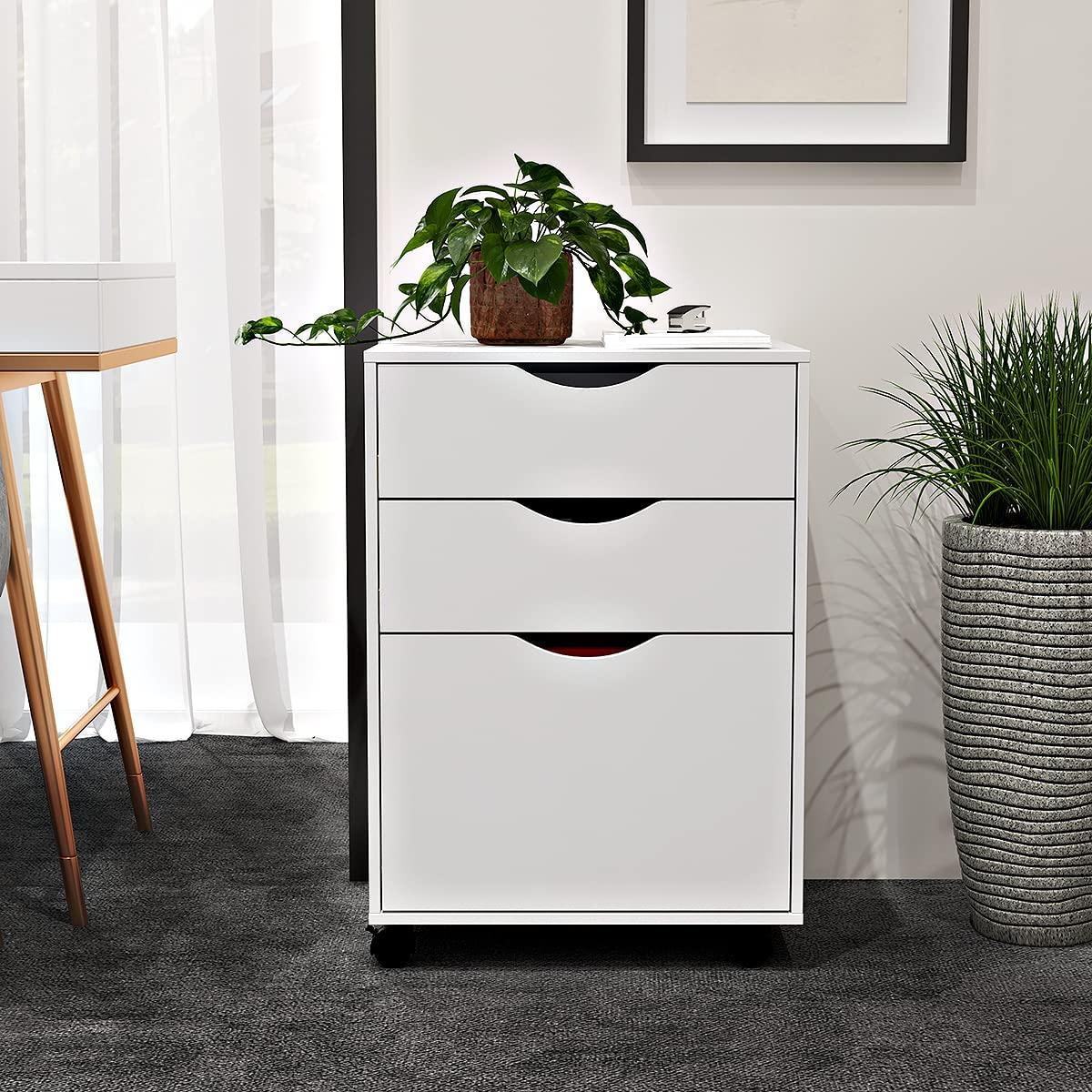 3 Drawers Storage Cabinet, Wooden Mobile Filing Cabinet for Mini Printer Stand, with Lockable Casters, for Home Office (3-Drawers, White)