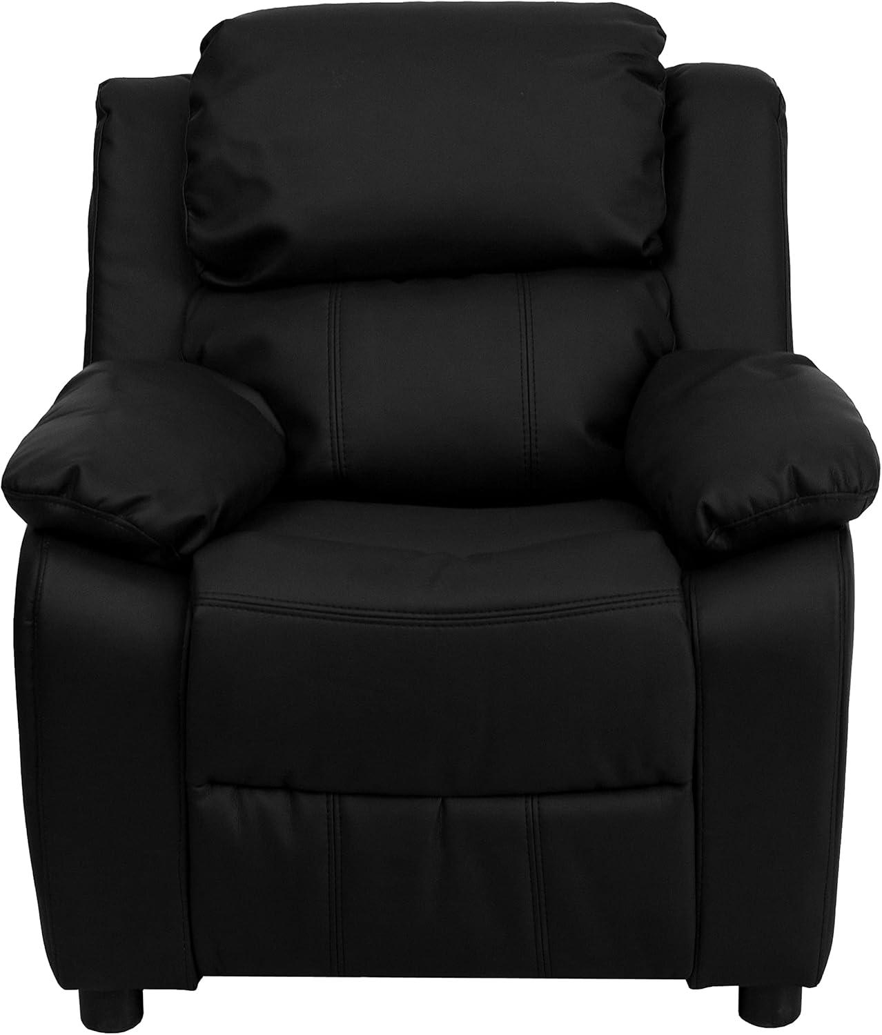 Flash Furniture Charlie Deluxe Padded Contemporary Black LeatherSoft Kids Recliner with Storage Arms