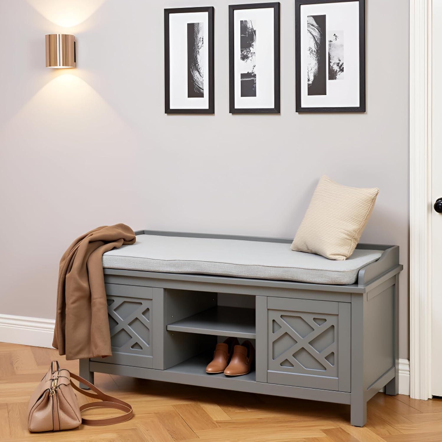 Alaterre Furniture Coventry 45 in. Pine Wood Storage Bench with Cushion, Entryway Organization & Decoration, 3 Adjustable/Removable Cubbies, Gray