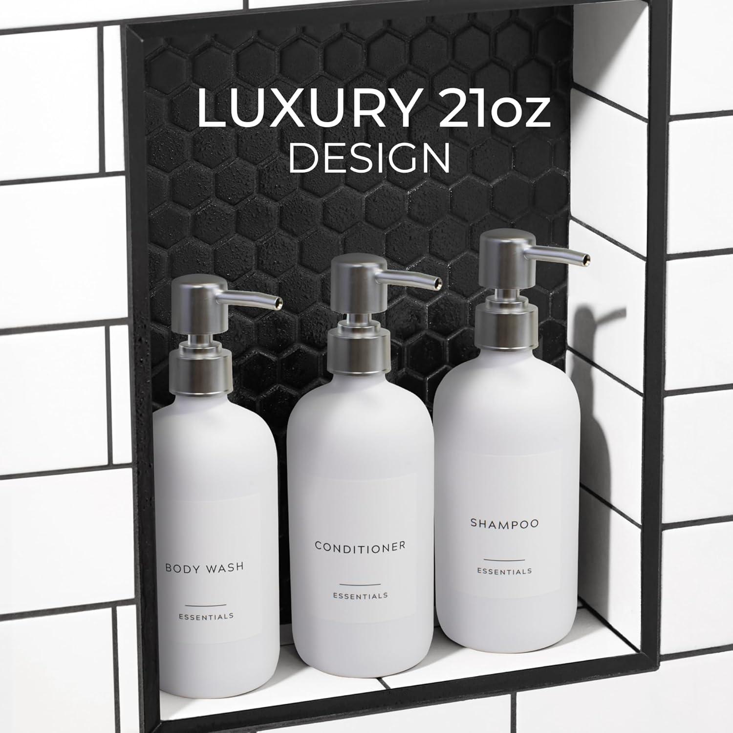 Stylish Shampoo and Conditioner Dispenser Set of 3 - Modern 21oz Shower Soap Bottles with Pump and Labels - Easy to Refill Body Wash Dispensers for an Instant Bathroom Decor Upgrade - White C31