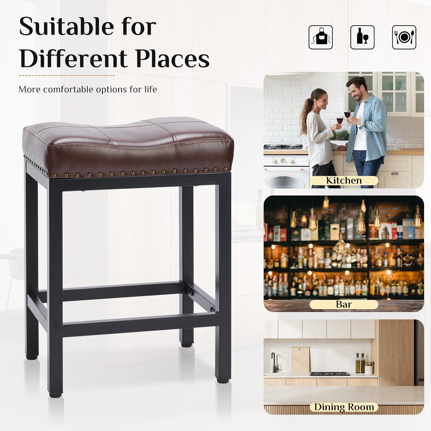 Bar Stools Set of 2, 24 inch Counter Height Bar Stools, Upholstered Modern Kitchen Barstools with Metal Base, PU Leather Saddle Stools for Kitchen Island, Black