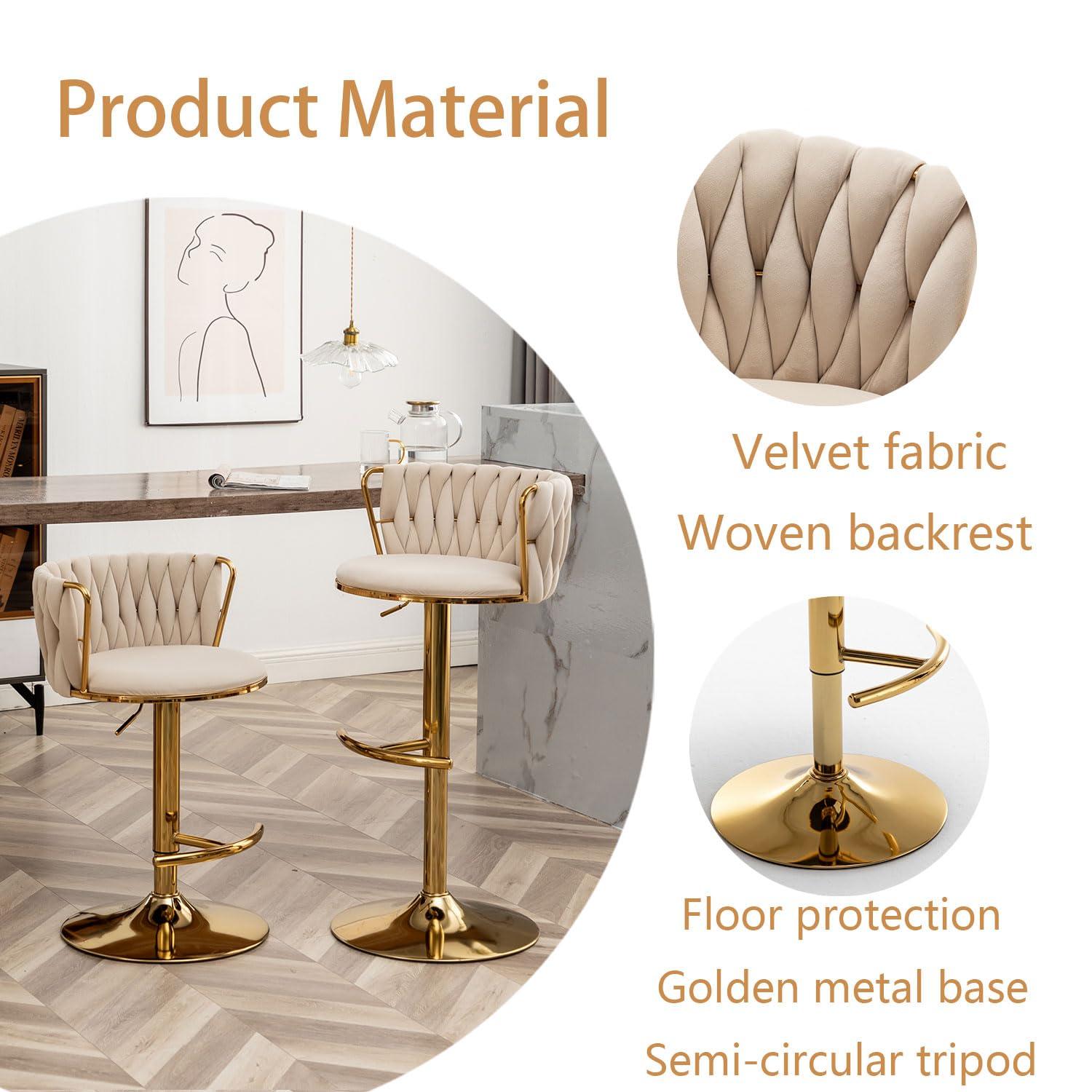 Gold Velvet Bar Stools Set of 4, Counter Height Bar Chairs with Low Back, Swivel Bar Stool for Kitchen Island, Bar Pub (Beige)