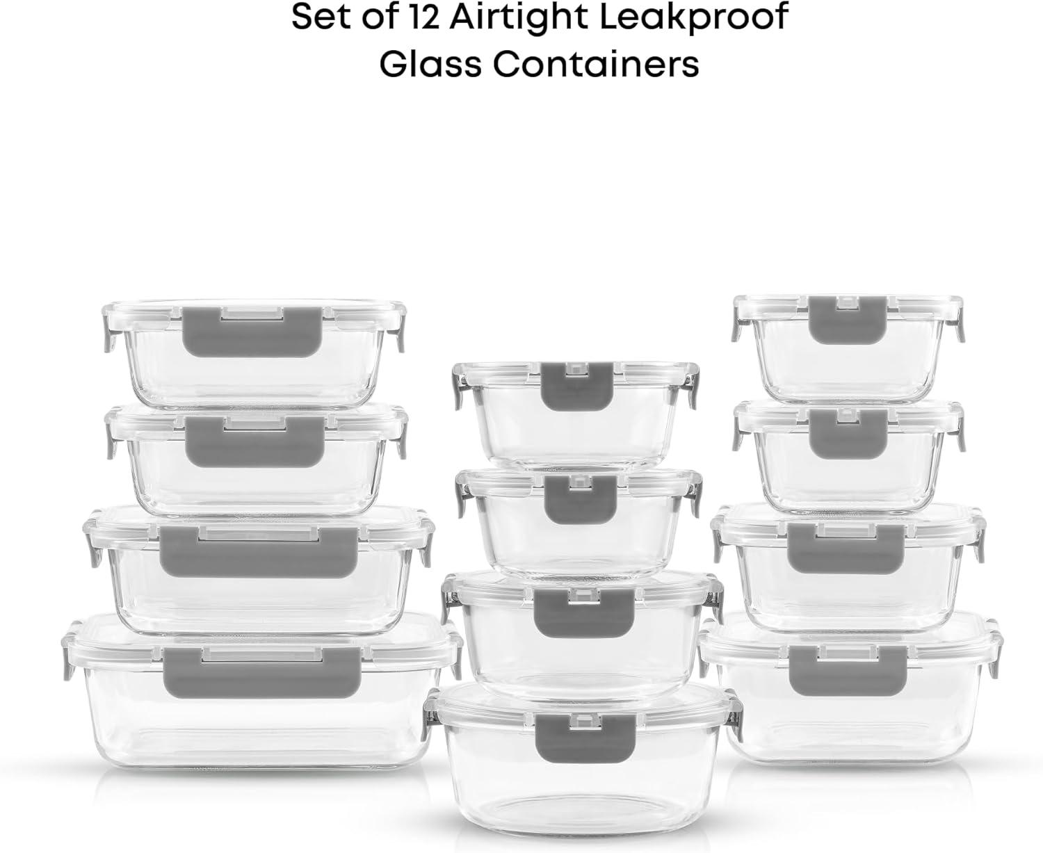 JoyJolt JoyJolt 24-Piece Glass Food Storage Container Set with Leakproof Lids, Light Grey (Set of 5)
