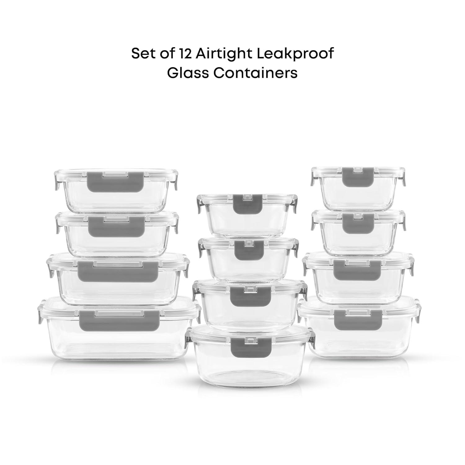 JoyJolt JoyJolt 24-Piece Glass Food Storage Container Set with Leakproof Lids, Light Grey (Set of 5)