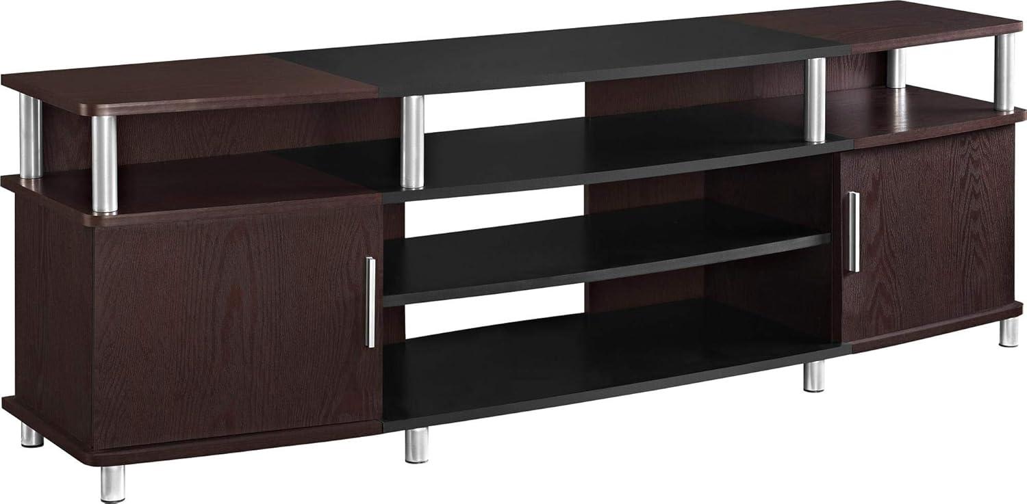 Ameriwood Home Carson TV Stand fits up to 70" with Multiple Open Shelves, Cherry and Black