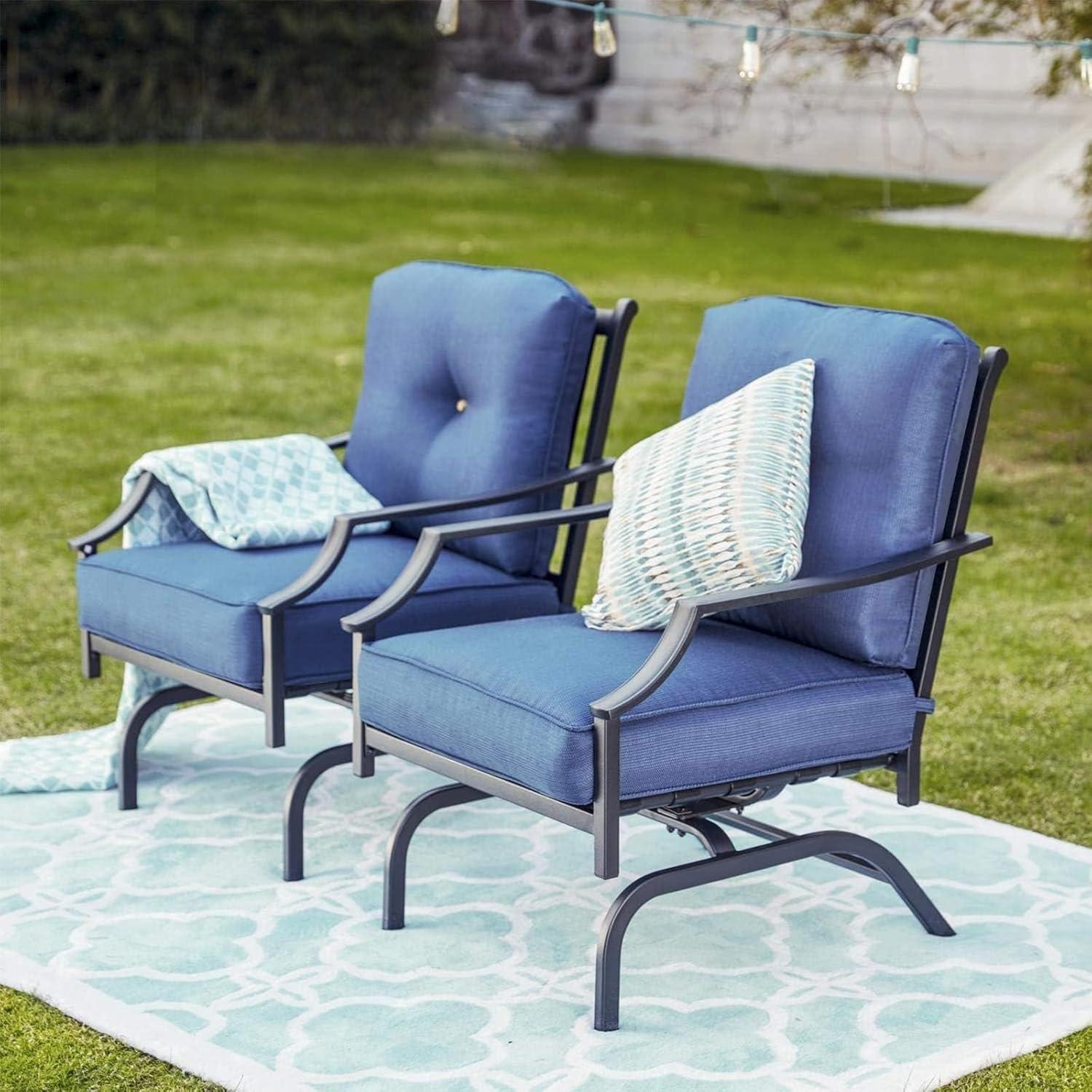 Blue Cushioned Black Steel Rocking Dining Chairs Set