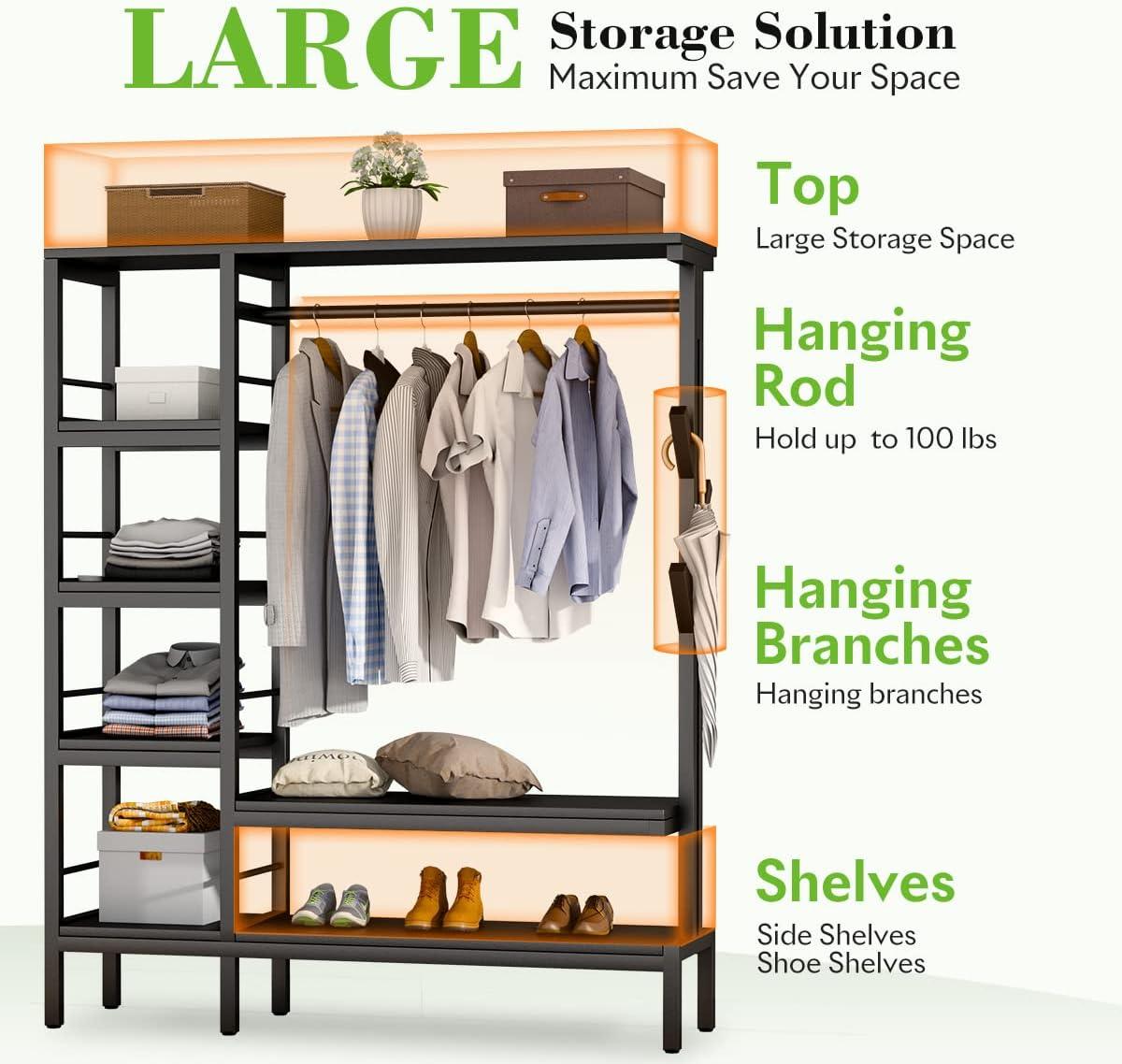 HOKEEPER Heavy Duty Extra Large Freestanding Closet Organizer With Coat Rack - Metal Wardrobe for Hanging Clothes, Storage Shelves, and Garment Rack for Bedroom