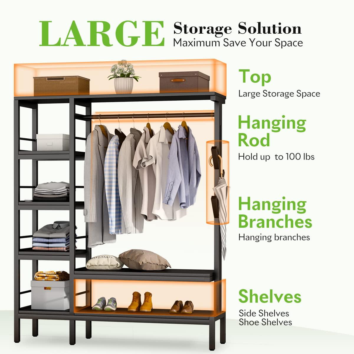 HOKEEPER Heavy Duty Extra Large Freestanding Closet Organizer With Coat Rack - Metal Wardrobe for Hanging Clothes, Storage Shelves, and Garment Rack for Bedroom