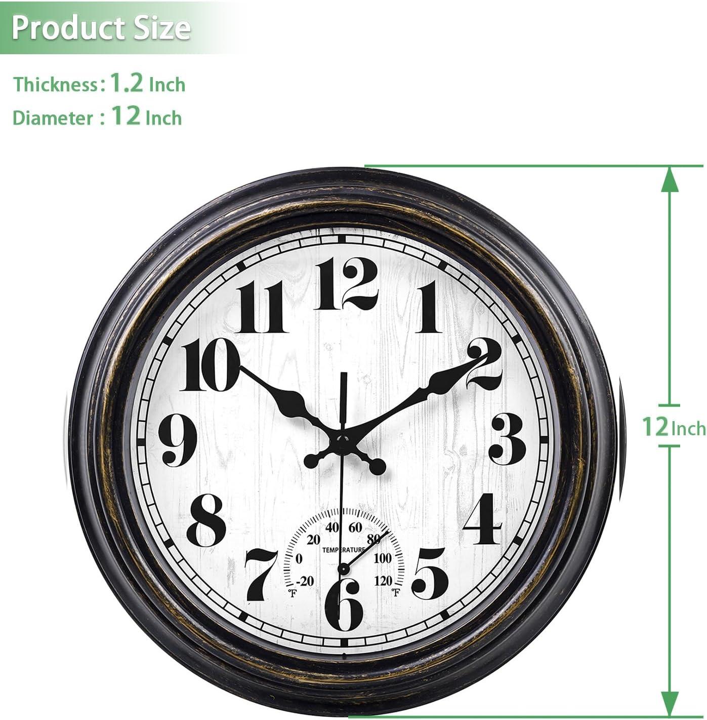 12 Inch Retro Silent Wall Clock,Indoor and Outdoor,Waterproof,Thermometer,Black