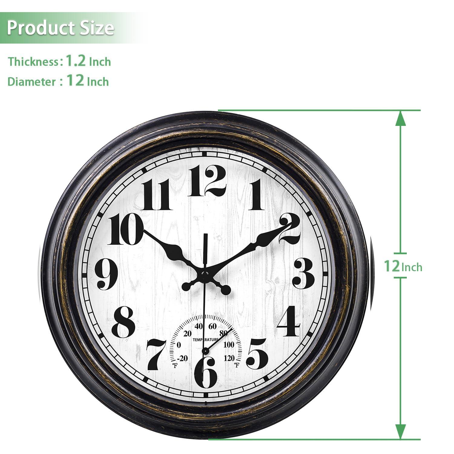 12 Inch Retro Silent Wall Clock,Indoor and Outdoor,Waterproof,Thermometer,Black