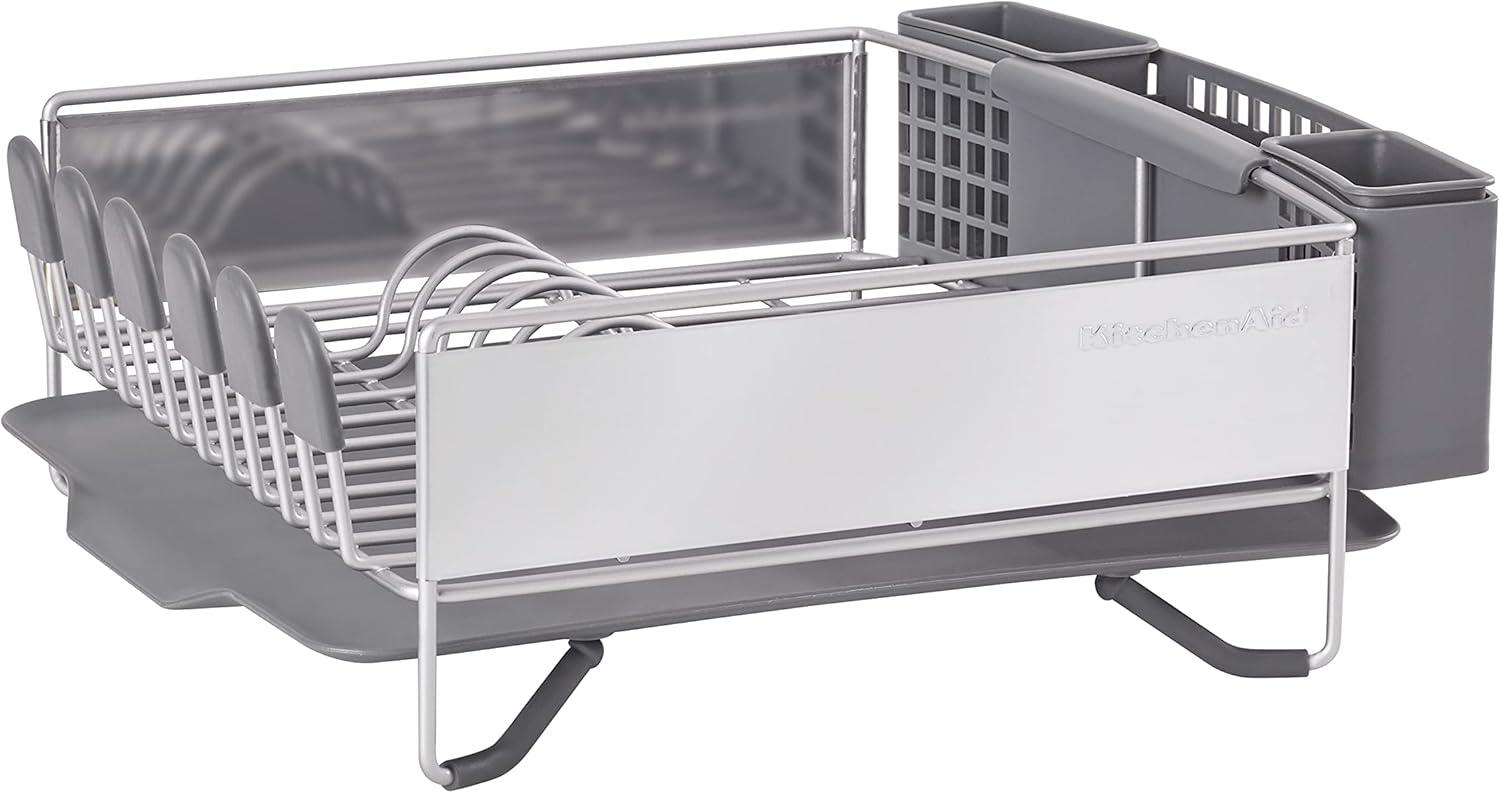 Compact Stainless Steel Dish Rack with Utensil Cup, Satin Gray