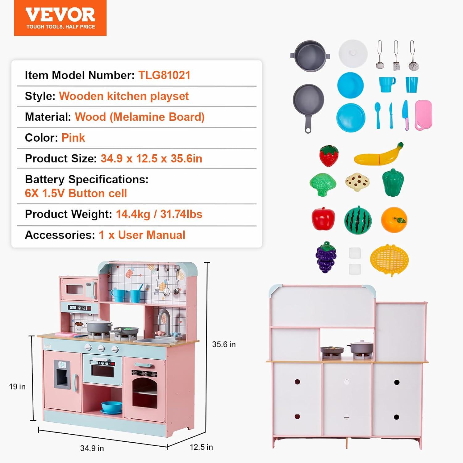 VEVOR Play Kitchen for Kids, Wooden Toy Kitchen Set with Lights and Sounds, Toddler Kitchen with Ice Maker, Oven, Sink, Microwaves, Fridge and Utensil and Fruit Accessory for Toddlers ages 3-8, Pink