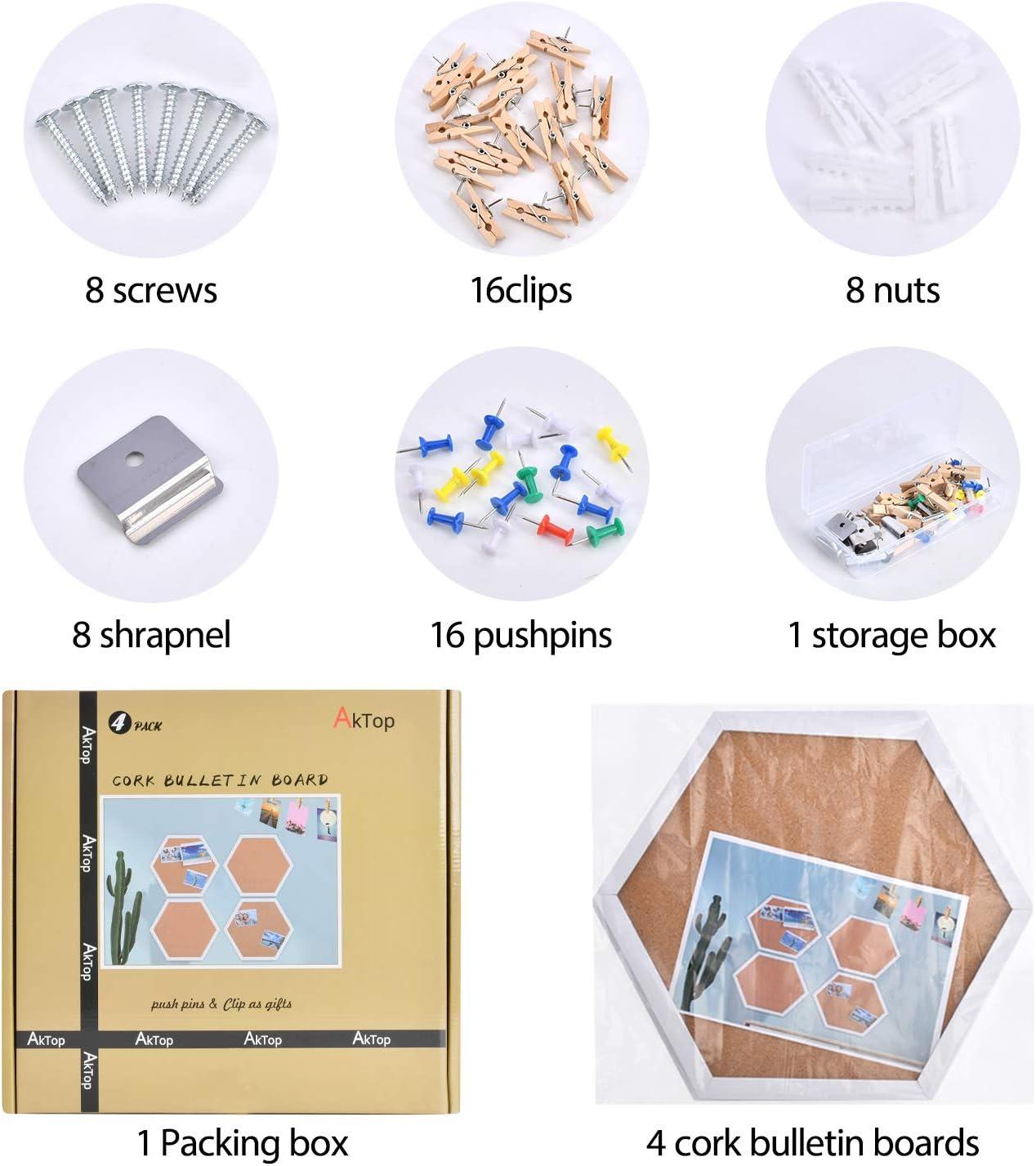 AkTop Cork Bulletin Board Hexagon 4 Pack, Small Framed Corkboard Tiles for Wall, Thick Decorative Display Boards for Home Office Decor, School Message Board with 16 Push Pin Wood Clips, White