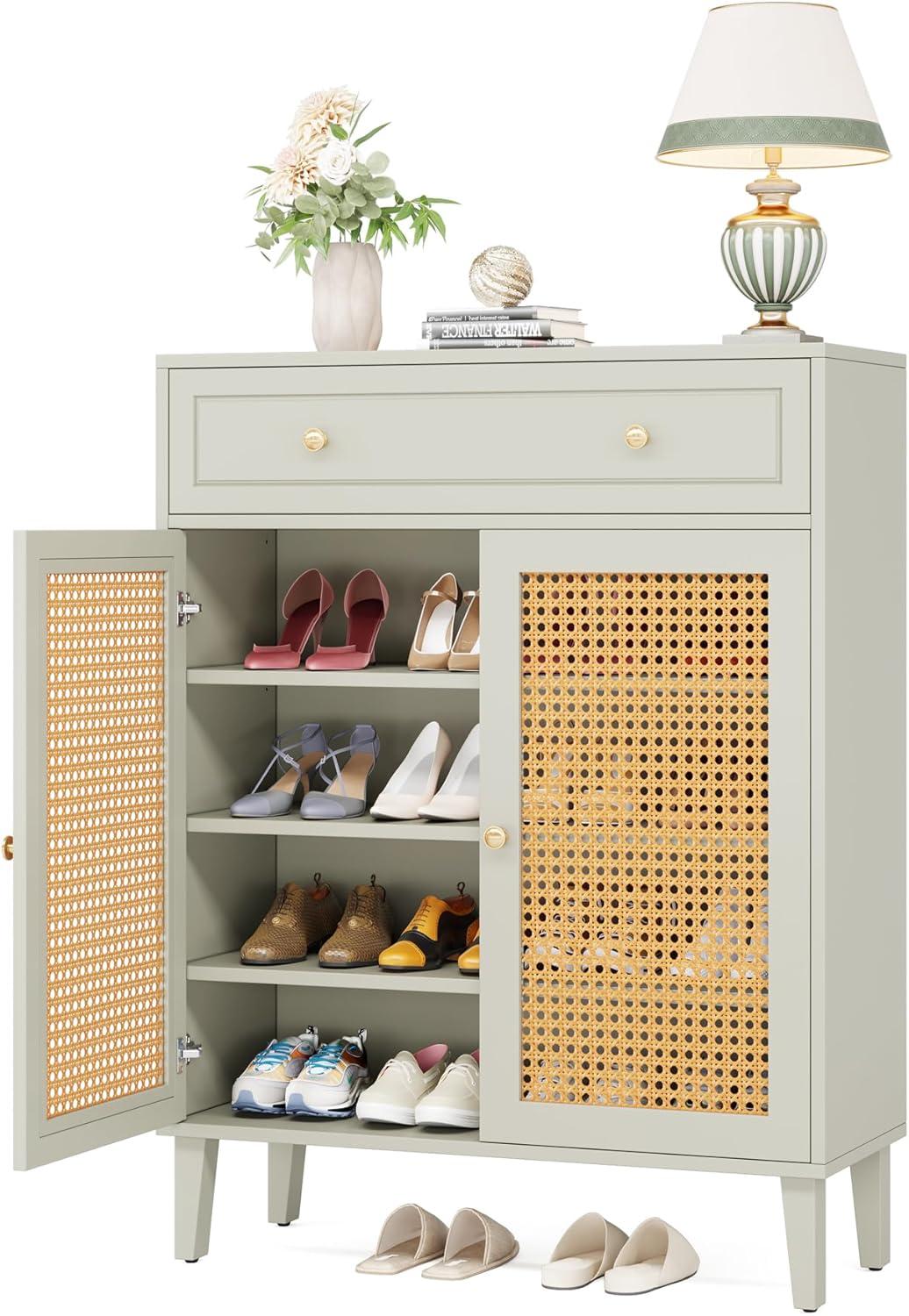 Tribesigns Shoe Cabinet with Drawer, Shoe Storage Cabinet with Adjustable Shelf, Rattan Shoe Organizer for Entryway, Hallway, Living Room, Green