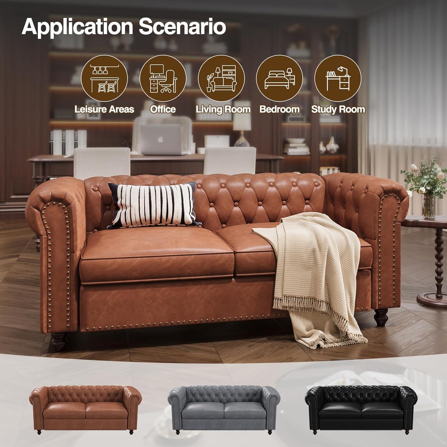 72 Inch Brown Couch, Chesterfield Faux Leather Sofa with Wooden Legs, Vintage Tufted Sofa with Rolled Arms, Mid Century Modern Couch with Rivets for Living Room, Apartment, Office