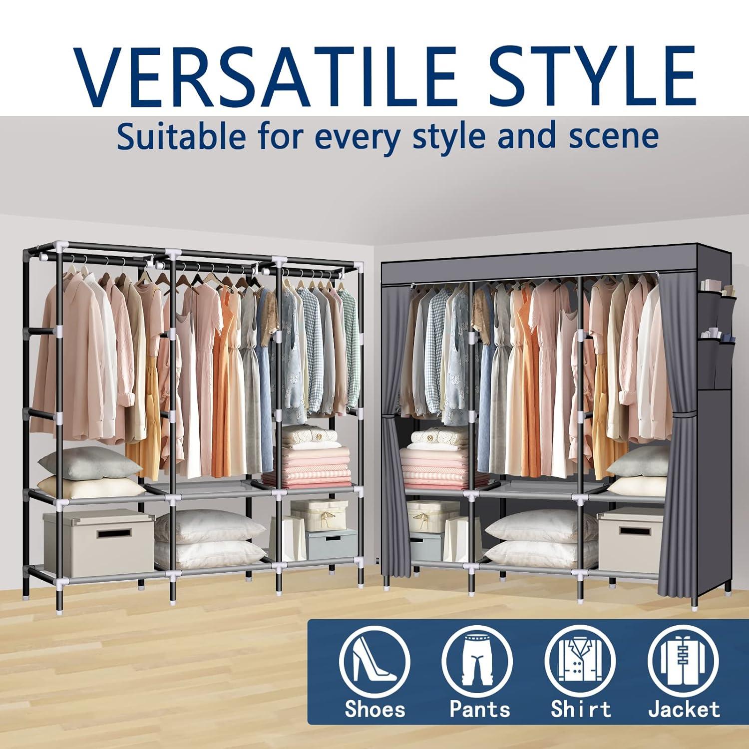 LOKEME Portable Closet, 61-Inch Portable Wardrobe with 3 Hanging Rods and 6 Storage Shelves, Non-Woven Fabric, Stable and Easy Assembly Grey Portable Closets for Hanging Clothes with Side Pockets