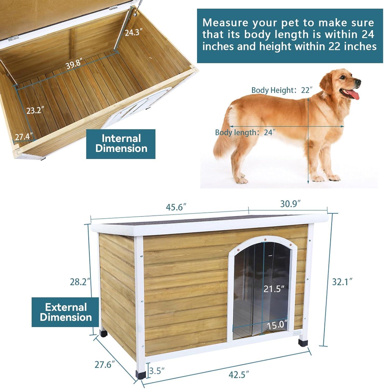 Petsfit Wooden Dog House for Medium to Large Dogs, Yellow and White, large/45.6" x 30.9" x 32.1"