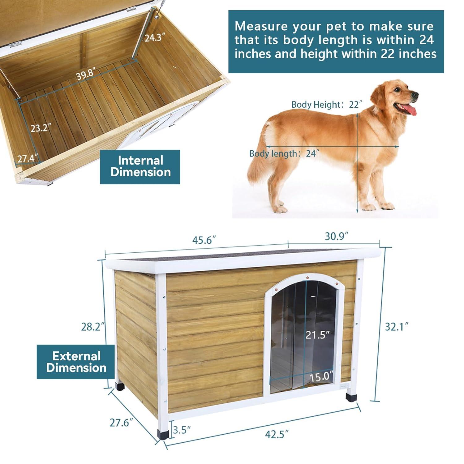 Petsfit Wooden Dog House for Medium to Large Dogs, Yellow and White, large/45.6" x 30.9" x 32.1"
