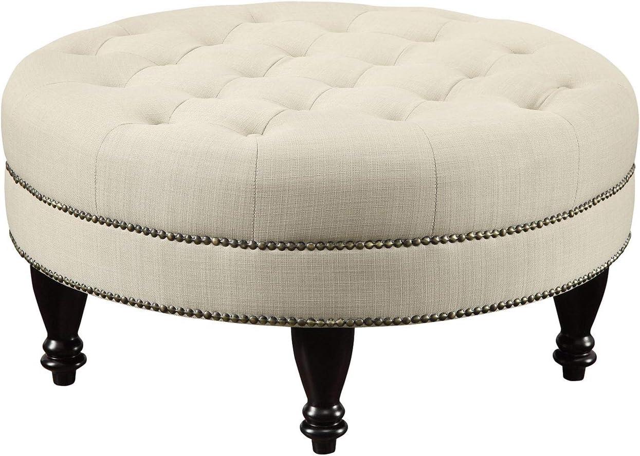 Elegant Oatmeal Linen Tufted Round Cocktail Ottoman with Nailhead Trim