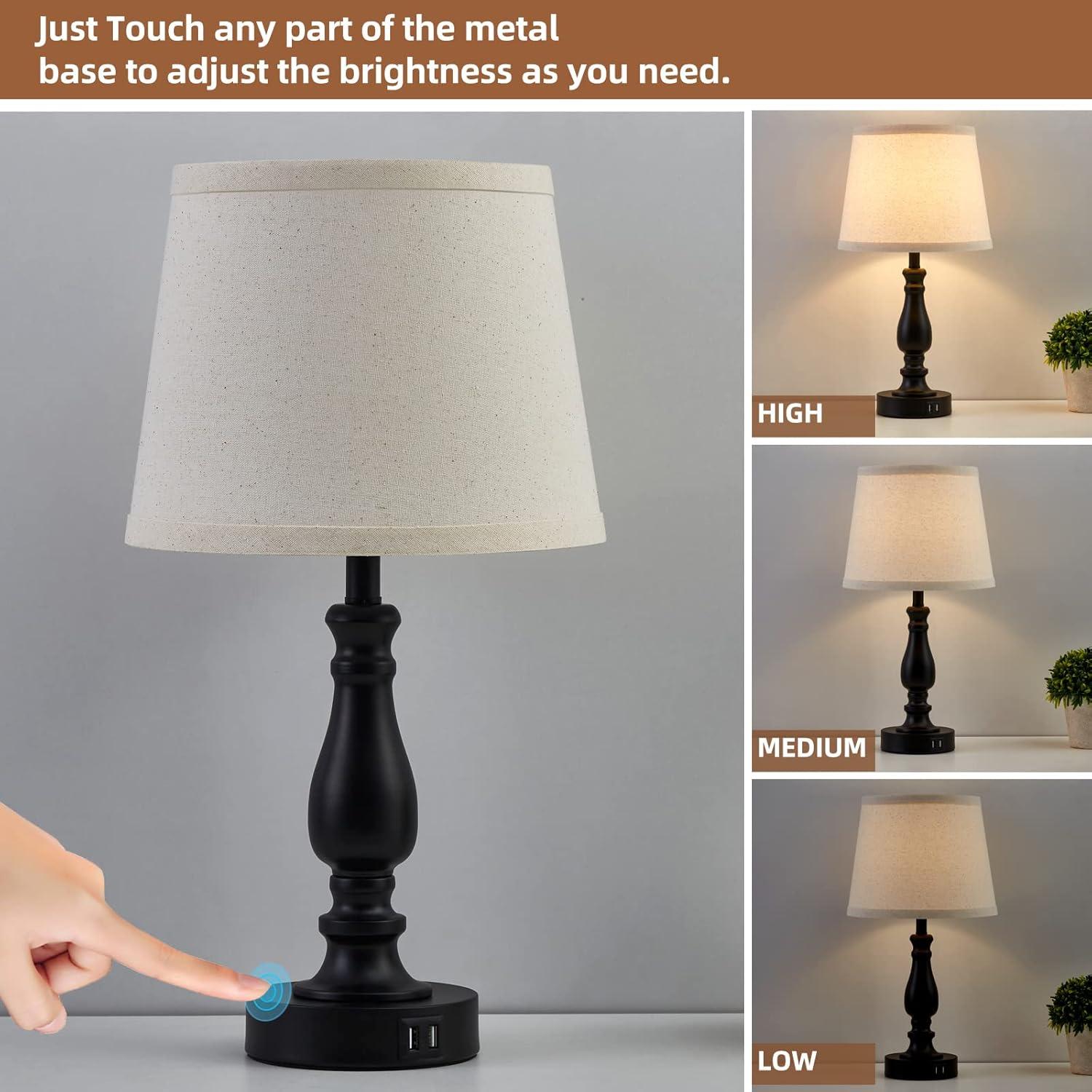 Black Touch Table Lamps with Light Oat Fabric Shades, Set of 2