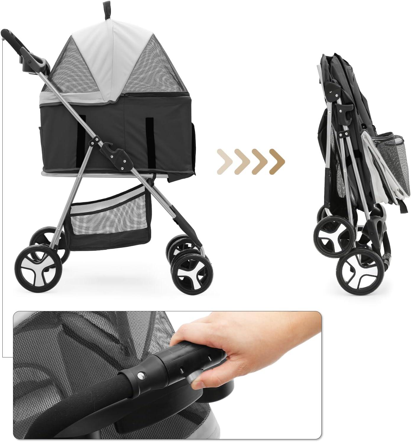 MoNiBloom Folding Pet Stroller, Foldable Dog Jogger Stroller with Detachable Carrier, Basket and Cup Holder