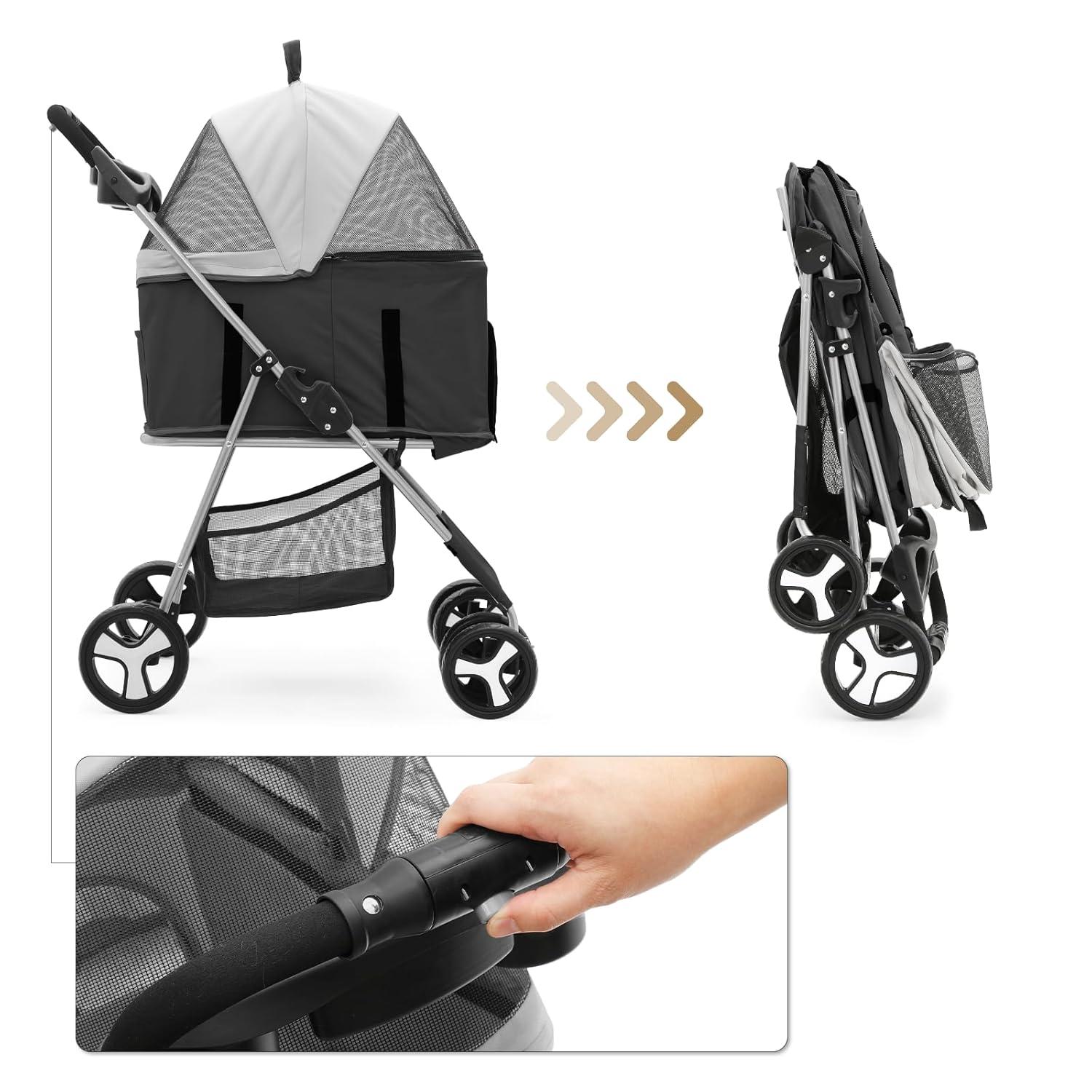 MoNiBloom 4 Wheel Foldable Dog Pet Stroller with Detachable Storage Basket, Black