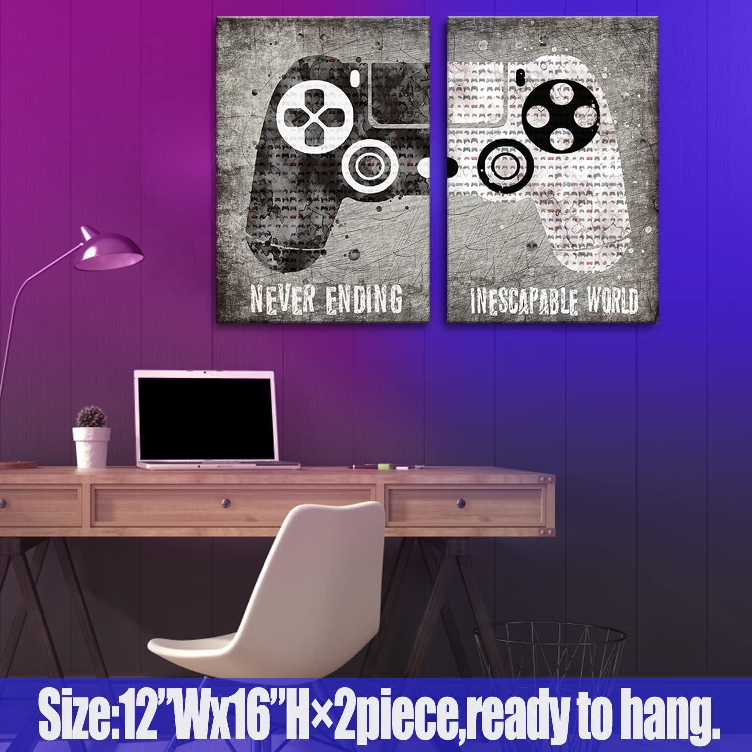 3 Pcs Framed Neon Gamer Symbol Canvas Wall Art Paintings Gaming Wall Decor Prints Pictures Posters Artwork for Kids Teenage Boys Game Room Playroom Bedroom Decoration Ready to hang Gifts for Gamers