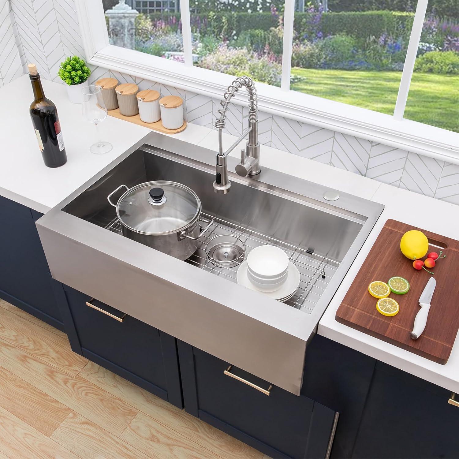 33-Inch Brushed Stainless Steel Farmhouse Drop-In Sink with Accessories