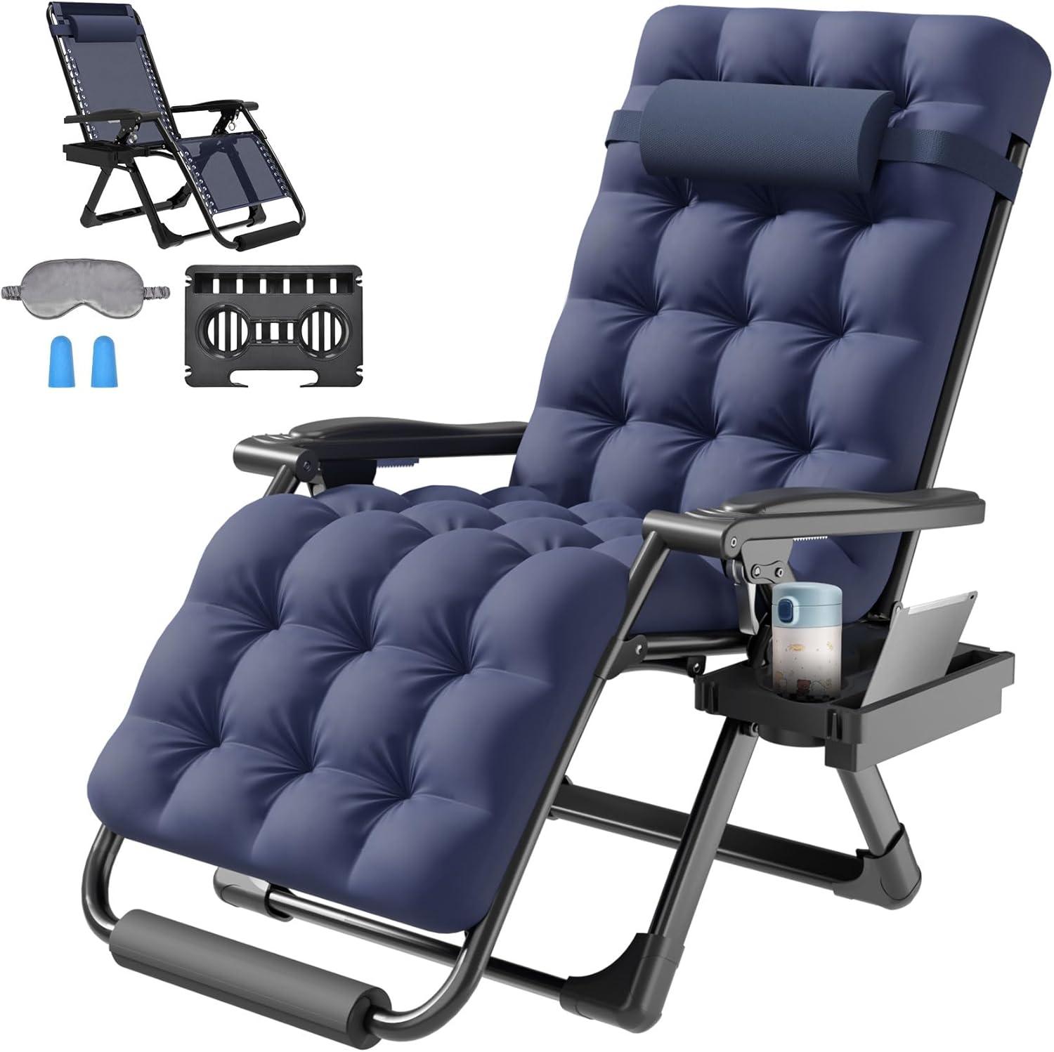 SEEUTEK Blue Outdoor Patio Zero Gravity Chair 26In Reclining Camping  Lounge Chair with Removable Cushion