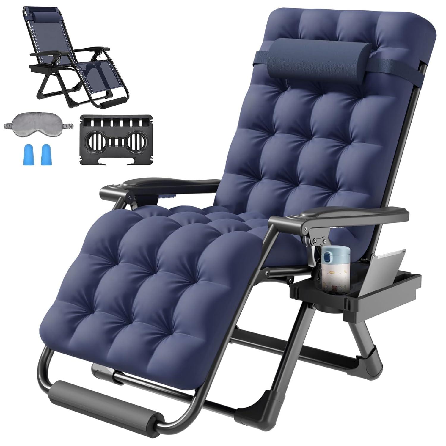 SEEUTEK Blue Outdoor Patio Zero Gravity Chair 26In Reclining Camping  Lounge Chair with Removable Cushion