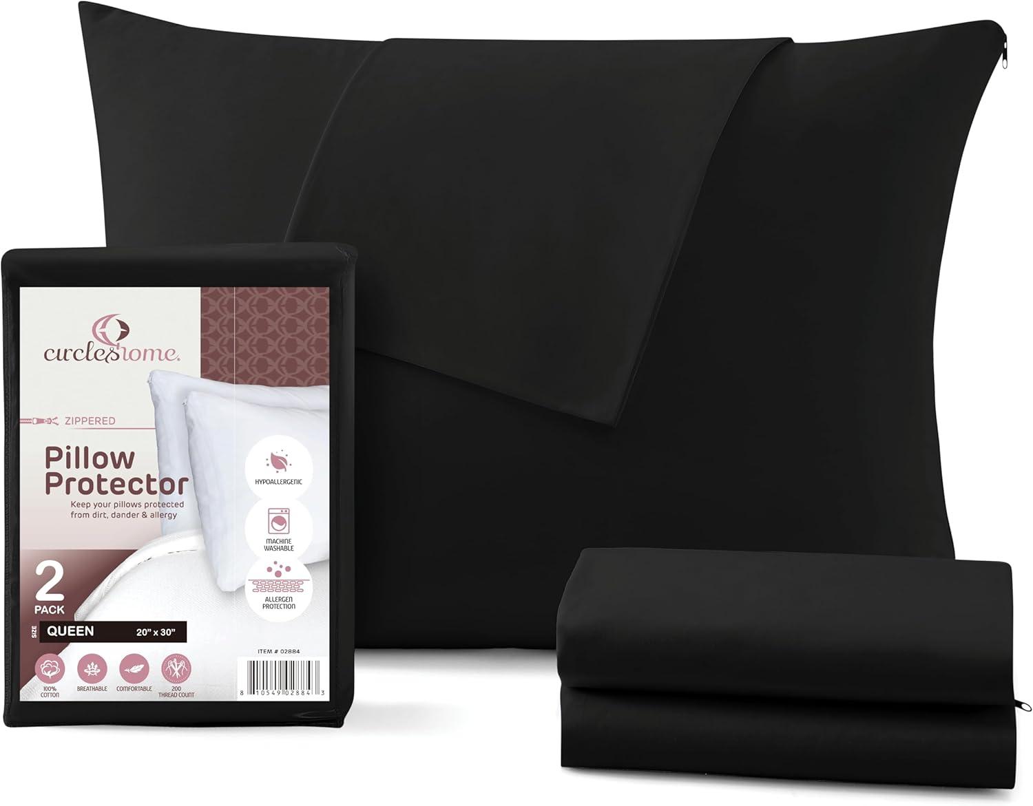 100% Cotton Zippered Pillow Protector (2 pck) Queen - Black