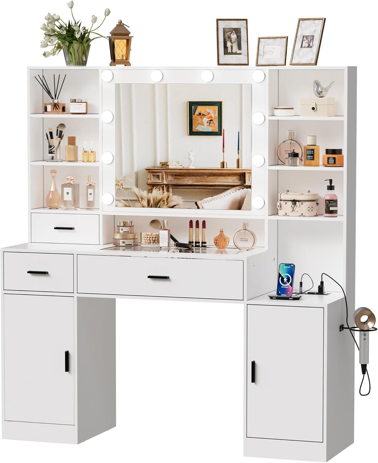 PAKASEPT Vanity Desk with Mirror and Lights, Corner Makeup Table with 3 Color Lighting, White Vanity with Power Strip & Hooks, Hidden and Open Shelves, Adjustable Brightness, 47.2 Inch