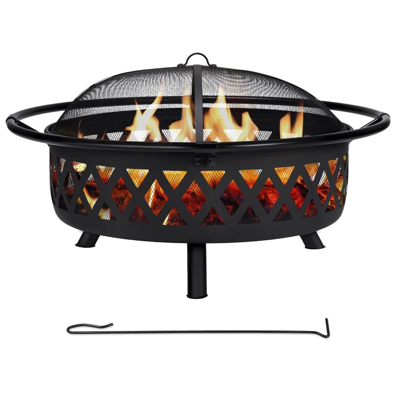 SUNCREAT 42” Patio Fire Pit Wood Burning with Mesh Spark Screen, Bonfire Outdoor firepit with Fireplace Poker, Black
