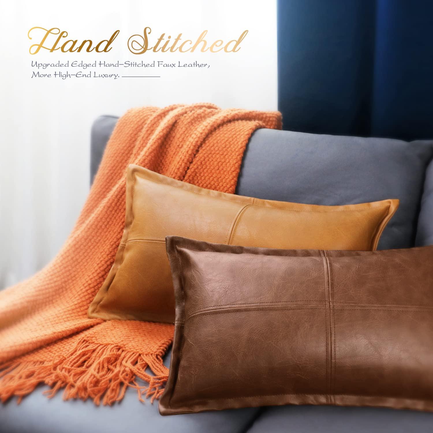 BRAWARM Dark Brown Leather Throw Pillow 12 X 20 Inches, Faux Leather Pillow Cover with Piping, Hand Stitched Leather Decorative Lumbar Throw Pillow Covers for Couch Sofa Bed Living Room Garden