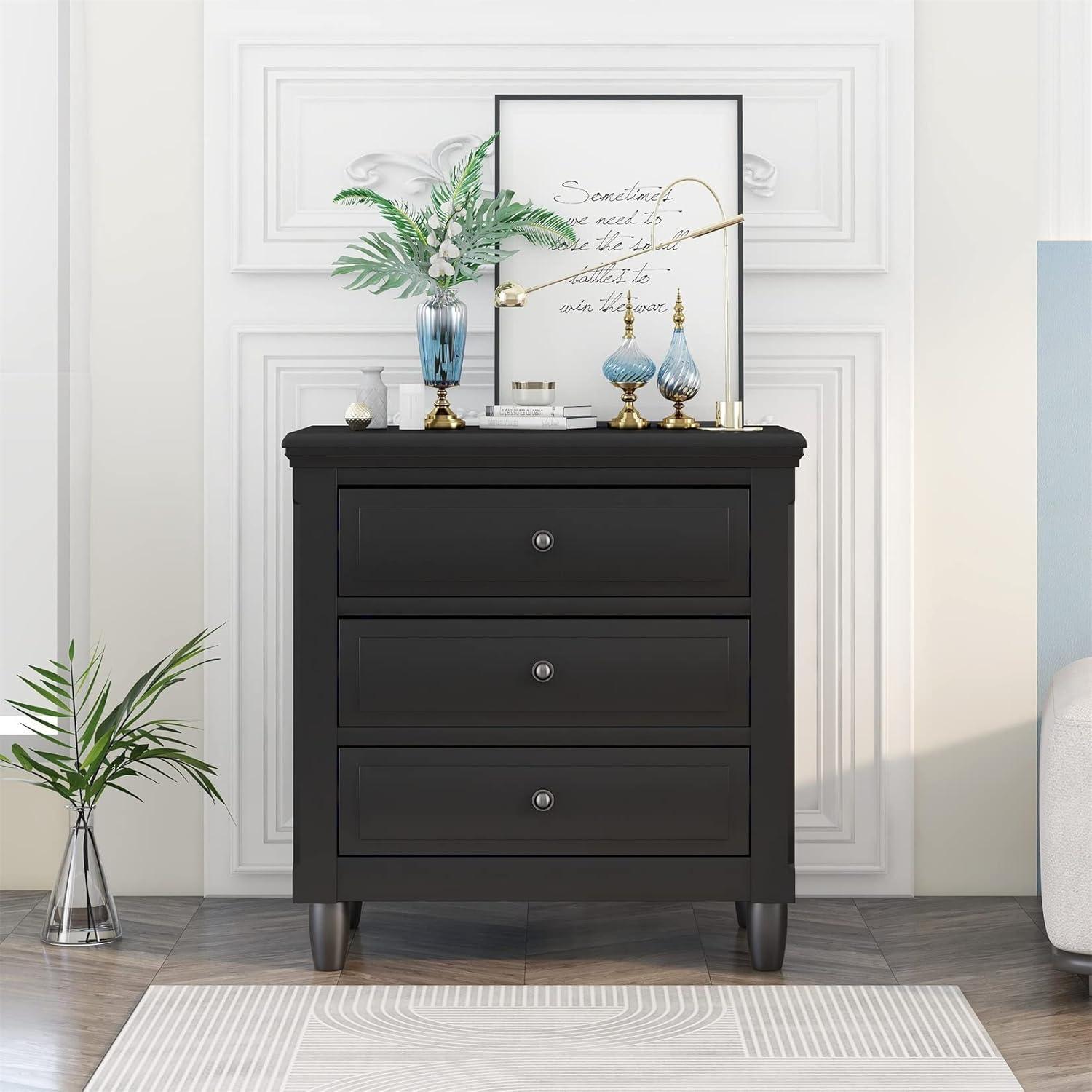 Black 3-Drawer Solid Wood Nightstand with Pine Legs