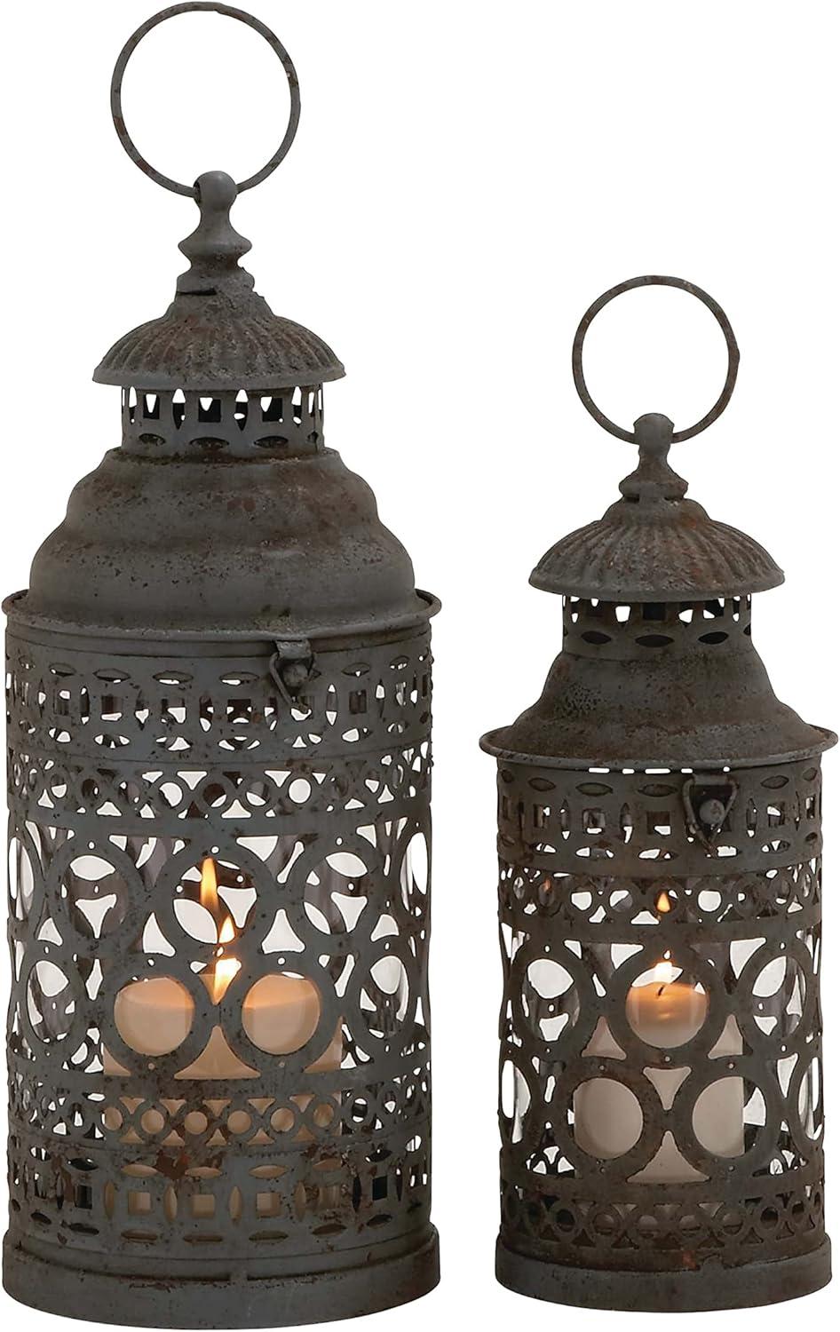 Rustic Gray Iron Candle Lantern Set with Intricate Cutouts