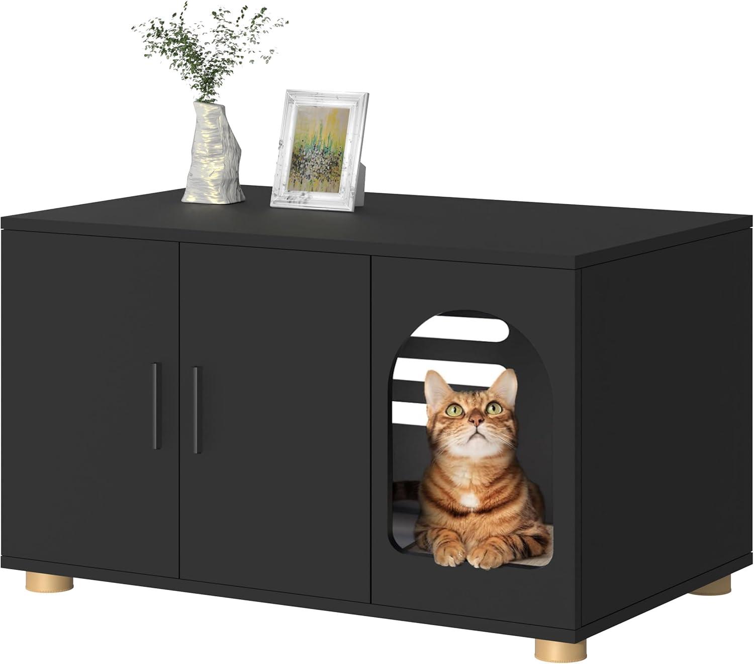 Amunrbrek Cat Litter Box Enclosure Furniture as End Side Table, Stackable Wooden Litter Box Furniture with Front-entry Cat Door , Black