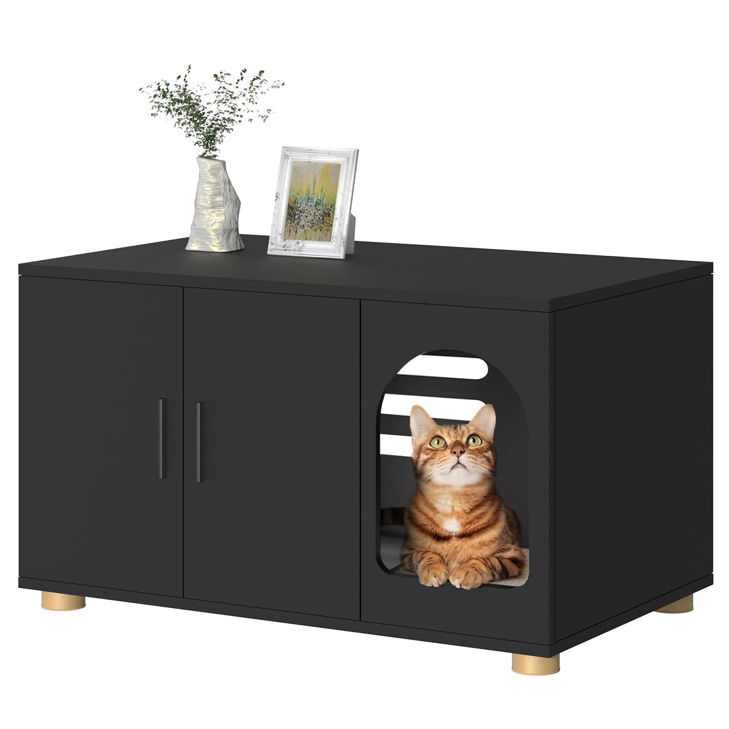 Amunrbrek Cat Litter Box Enclosure Furniture as End Side Table, Stackable Wooden Litter Box Furniture with Front-entry Cat Door , Black
