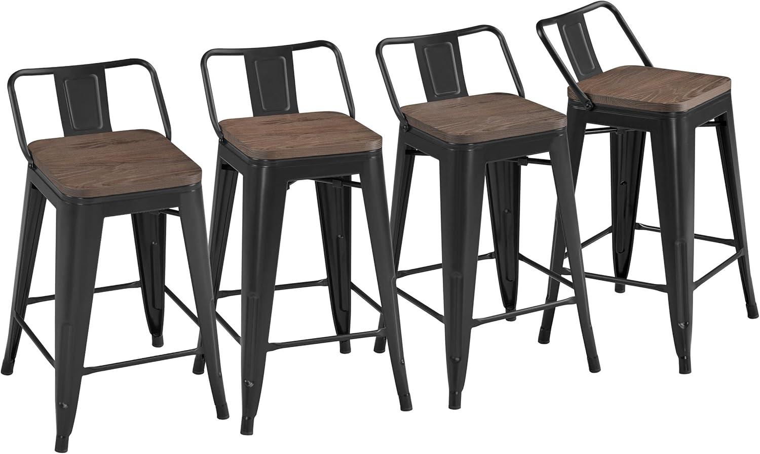 U-SHARE 24'' Metal Bar Stool 4PCS Low Back Conuter Stools for Indoor/Outdoor Barstools Metal Black Stools Bar Chairs w/Wooden Seat Metal Leg Industrial Counter Height Stools Black