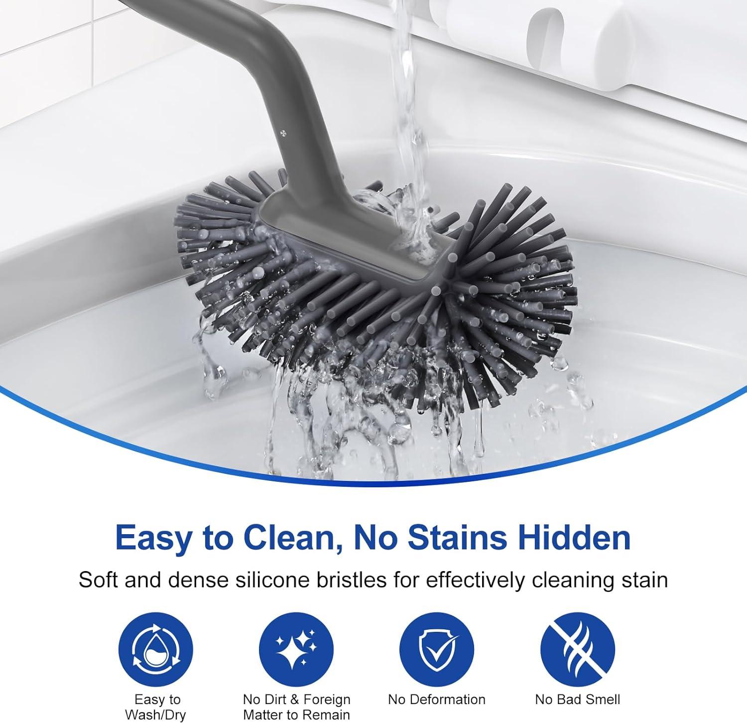 Toilet Bowl Brush Holder Set: Bathroom Deep Cleaning Toilet Cleaner Scrubber Under Rim with Curved Bristle for Dead Corner Clean - Hidden Rv Toilet Decorative Accessories with Caddy- Gray
