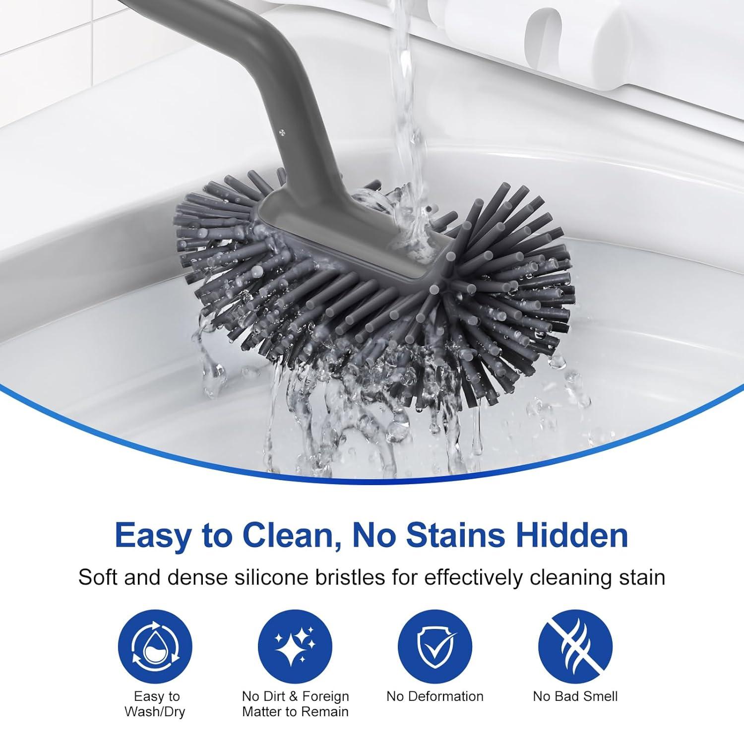 Toilet Bowl Brush Holder Set: Bathroom Deep Cleaning Toilet Cleaner Scrubber Under Rim with Curved Bristle for Dead Corner Clean - Hidden Rv Toilet Decorative Accessories with Caddy- Gray