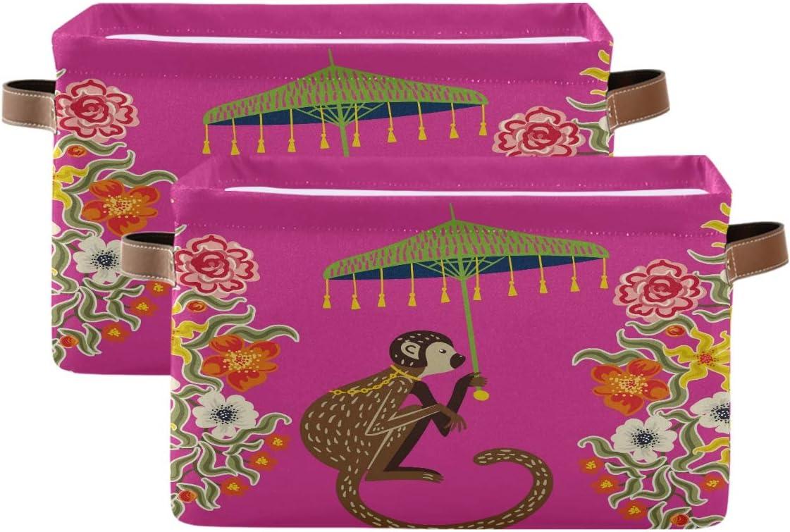 Storage Basket Cube Vintage Monkey Chinoiserie Umbrella Large Collapsible Toys Storage Box Bin Laundry Organizer for Closet Shelf Nursery Kids Bedroom,15x11x9.5 in,2 Pack