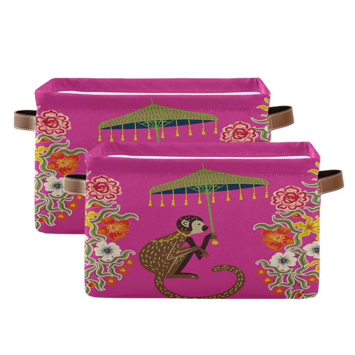 Storage Basket Cube Vintage Monkey Chinoiserie Umbrella Large Collapsible Toys Storage Box Bin Laundry Organizer for Closet Shelf Nursery Kids Bedroom,15x11x9.5 in,2 Pack
