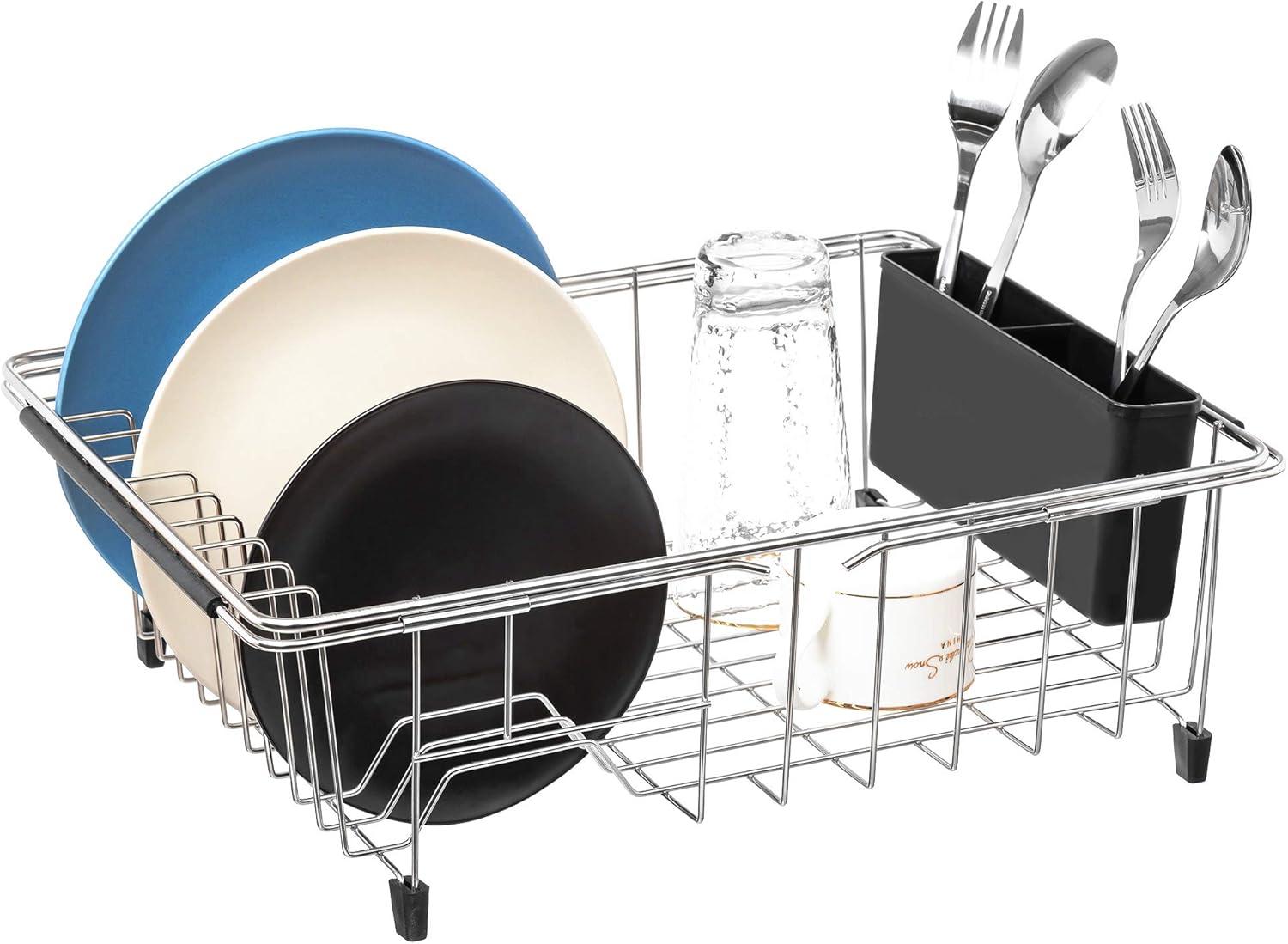 Expandable Stainless Steel Dish Drying Rack with Utensil Holder