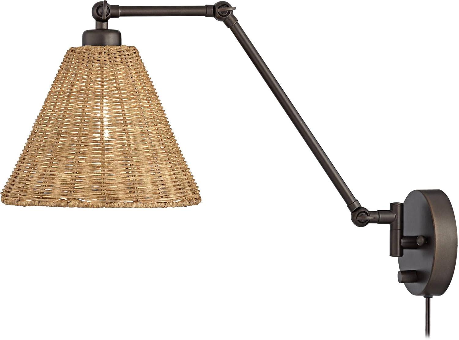 Bronze Mid Century Modern Swing Arm Wall Lamp with Natural Rattan Shade